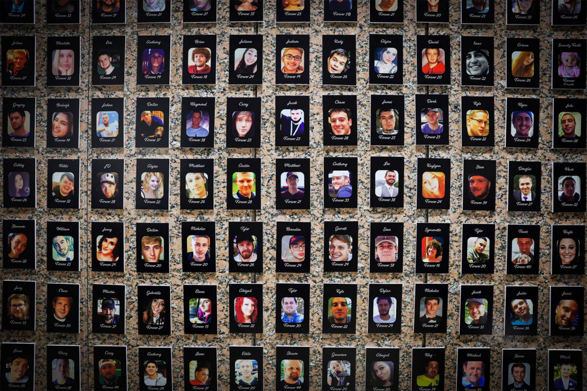 Photos of fentanyl victims are displayed at The Faces of Fentanyl Memorial at the Drug Enforcement Administration headquarters in Arlington, Va., on Sept. 27, 2022. (Alex Wong/Getty Images)