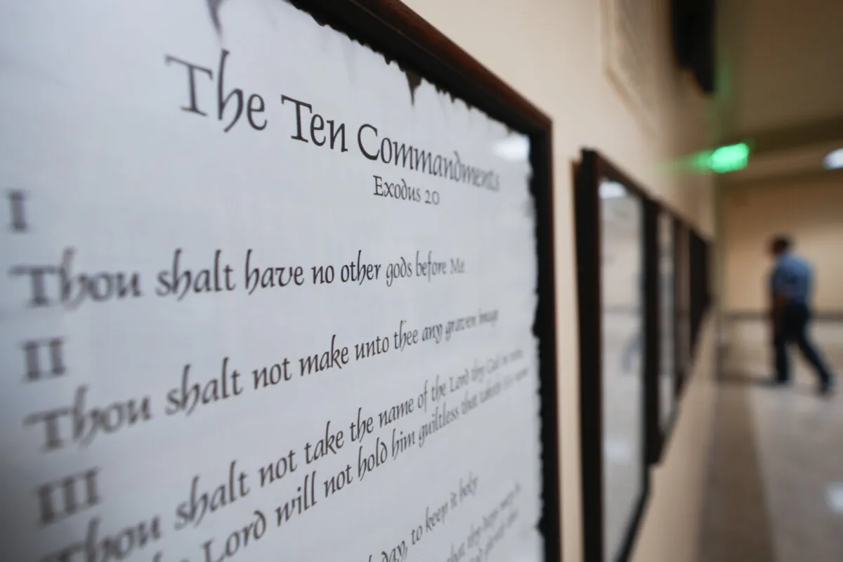 The Ten Commandments along with other historical documents in a hallway of the Georgia Capitol in Atlanta on June 20, 2024. (John Bazemore/AP Photo)