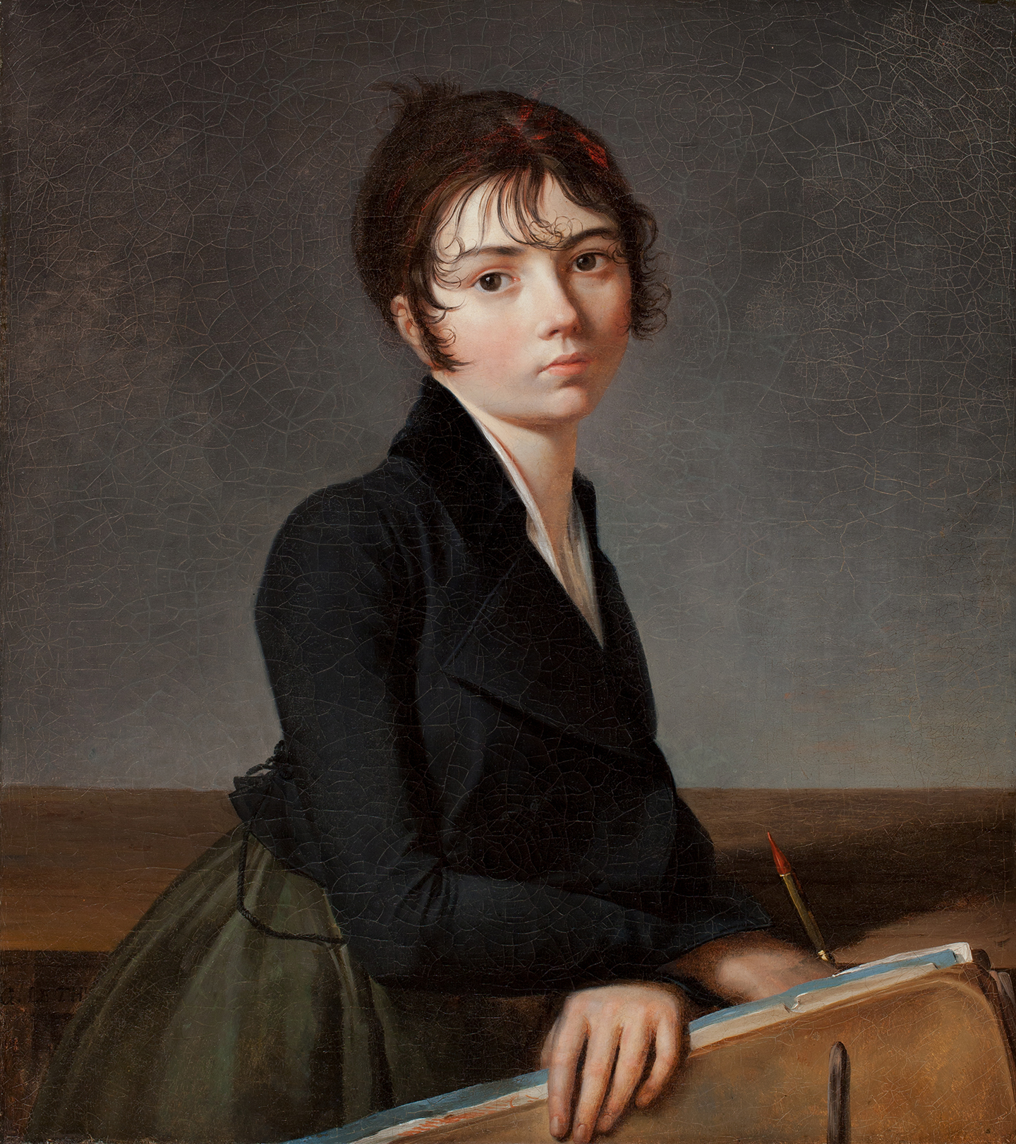 Woman Leaning On A Portfolio