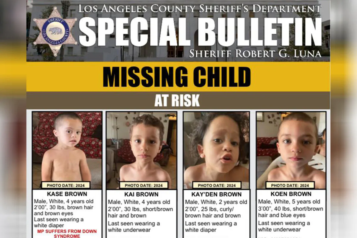 Photos and descriptions of four missing brothers (from left) Kase Brown (age 4), Kai Brown (age 4), Kay'den Brown (age 2), and Koen Brown (age 5) on Missing Child Bulletin of the Los Angeles Sheriff's Department. (Los Angeles Sheriff's Department)