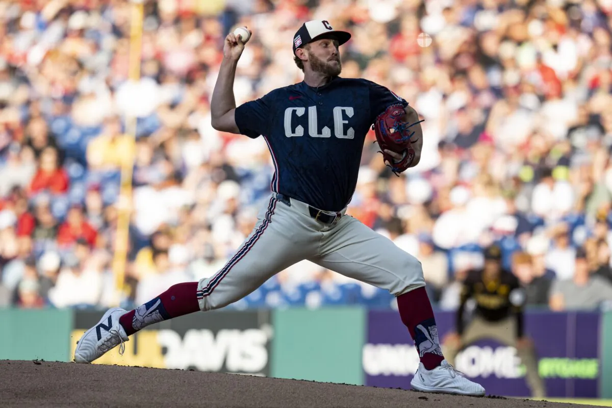 Tanner Bibee of the Cleveland Guardians pitches to Luis Arraez (not pictured) of the San Diego Padres in the first inning of the game in Cleveland on July 19, 2024. (Lauren Leigh Bacho/Getty Images)