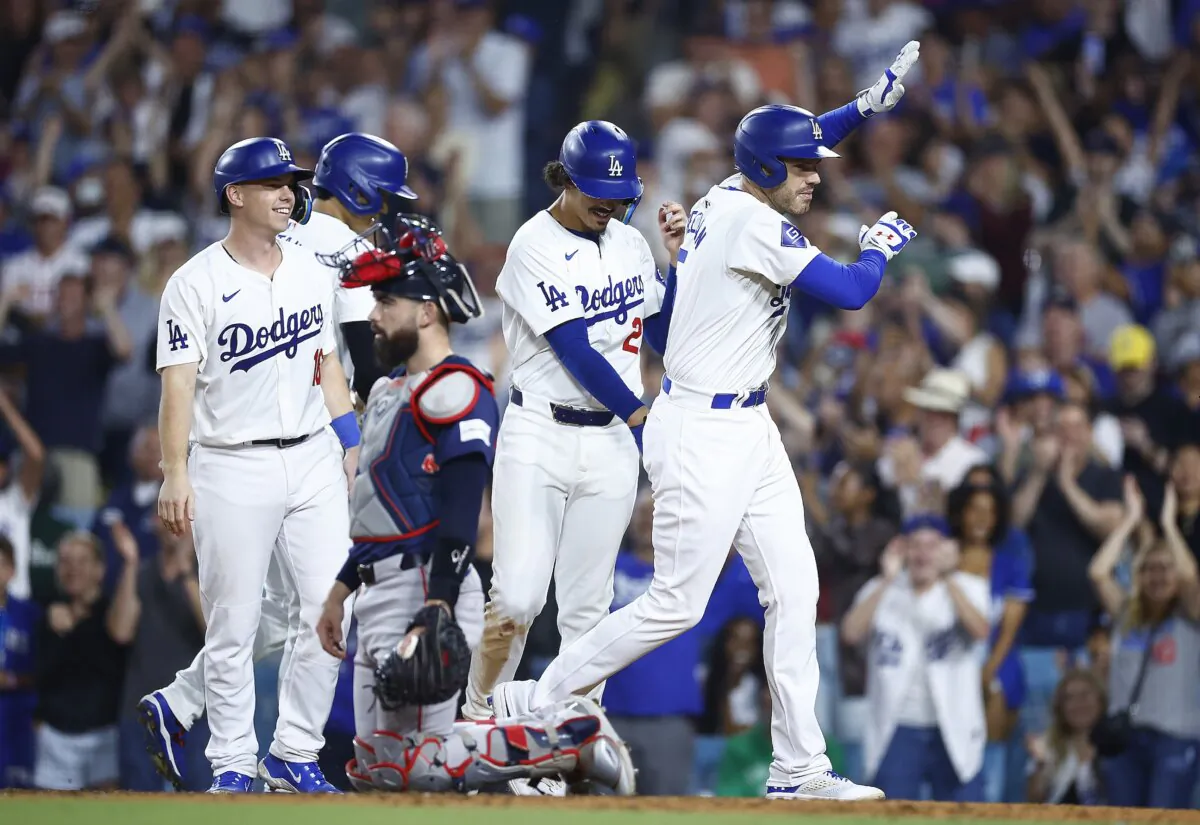Freddie Freeman (5) of the Los Angeles Dodgers celebrates a grand slam against the Boston Red Sox in the eighth inning at Dodger Stadium in Los Angeles on July 19, 2024. (Ronald Martinez/Getty Images)