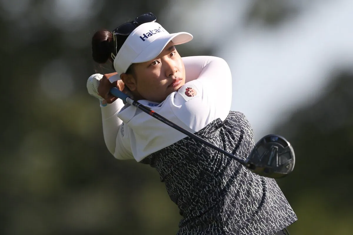 Chanettee Wannasaen of Thailand plays her shot from the fifth tee during the second round of the Dana Open at Highland Meadows Golf Club in Sylvania, Ohio, on July 19, 2024. (Raj Mehta/Getty Images)