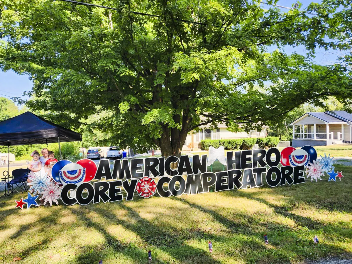 Laura Hartshorn, her husband, and their three children live along Corey Comperatore's funeral procession route between Freeport and Cabot, Pa. (Jeff Louderback/Epoch Times)