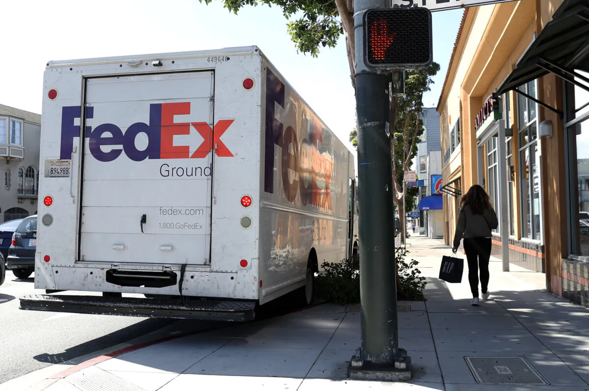 A FedEx delivery truck in San Francisco on March 21, 2024. (Justin Sullivan/Getty Images)