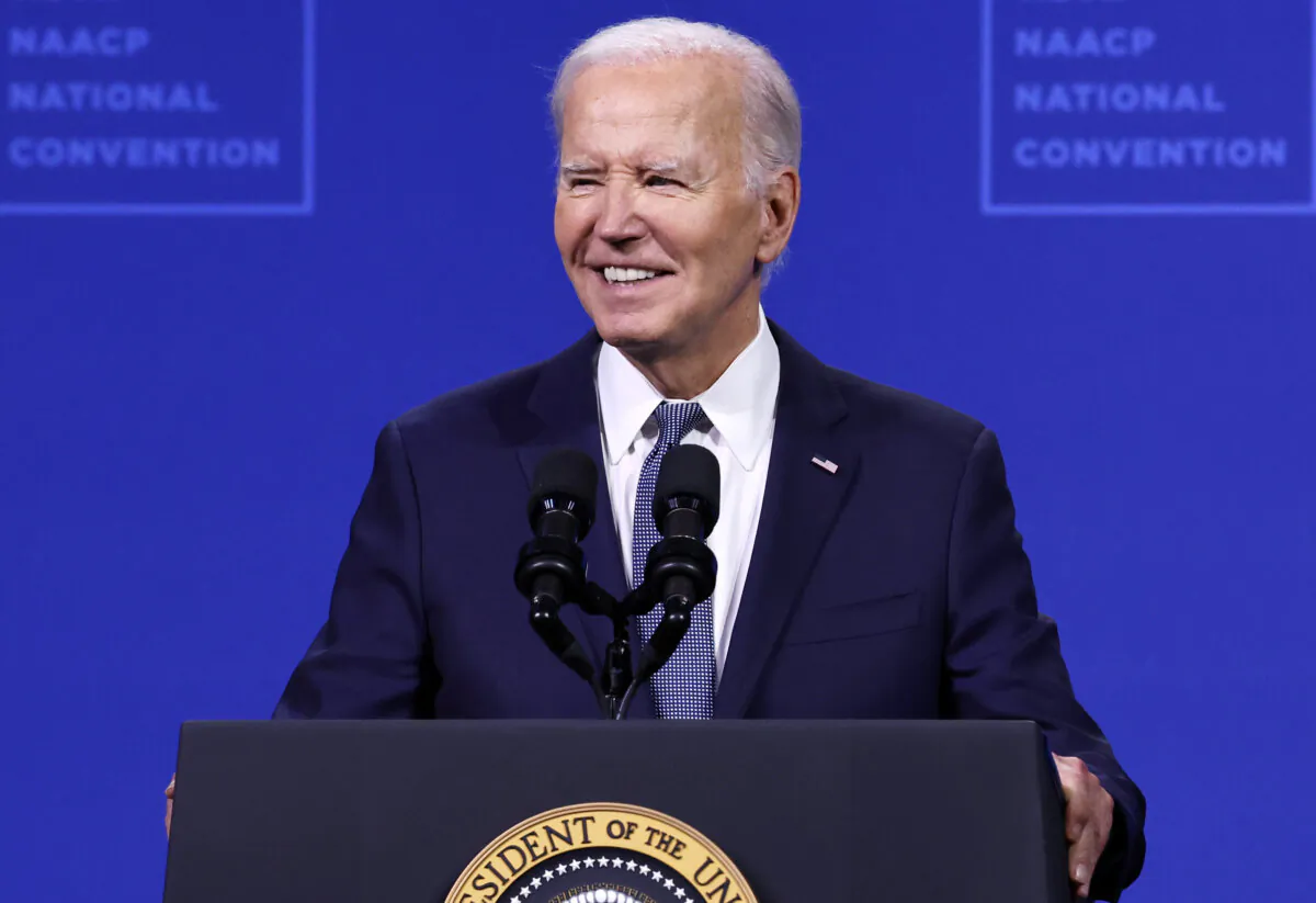 President Joe Biden speaks at the 115th NAACP National Convention at the Mandalay Bay Convention Center in Las Vegas on July 16, 2024. (Mario Tama/Getty Images)
