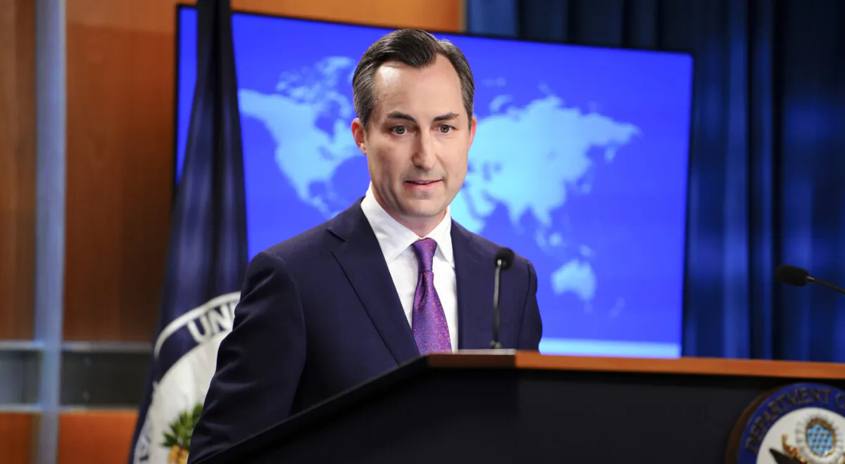 State Department Spokesperson Matthew Miller speaks during a press briefing at the Department of State in Washington on July 24, 2023. (Madalina Vasiliu/The Epoch Times)