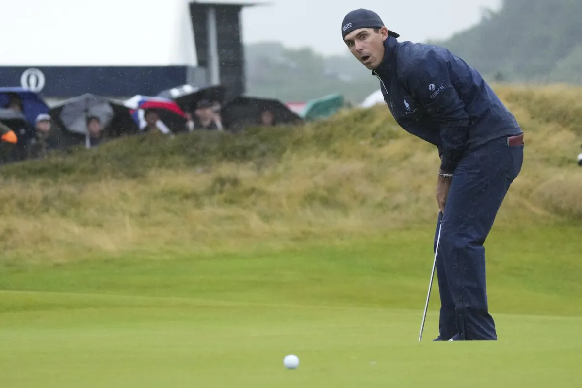 Billy Horschel of the United States reacts after missing a birdie putt on the 12th green during his third round of the British Open Golf Championships at Royal Troon golf club in Troon, Scotland, on July 20, 2024. (Jon Super/AP Photo)