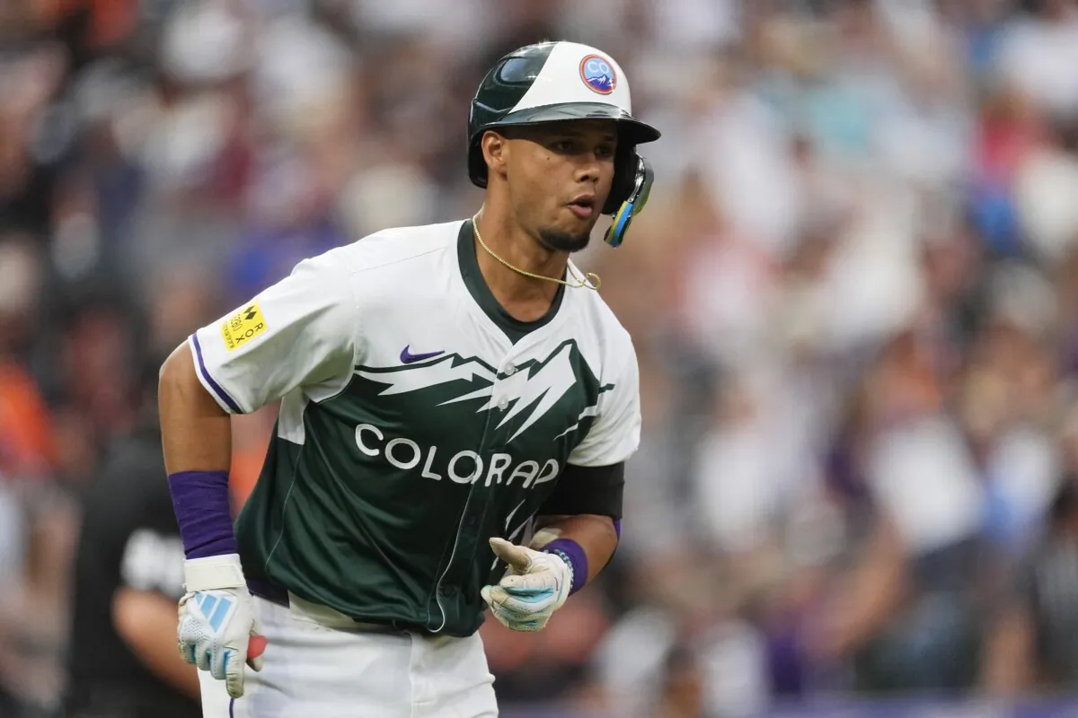 Colorado Rockies' Ezequiel Tovar heads up the first-base line after hitting a two-run home run off San Francisco Giants starting pitcher Logan Webb in the fifth inning of a baseball game in Denver on July 20, 2024. (David Zalubowski/AP Photo)