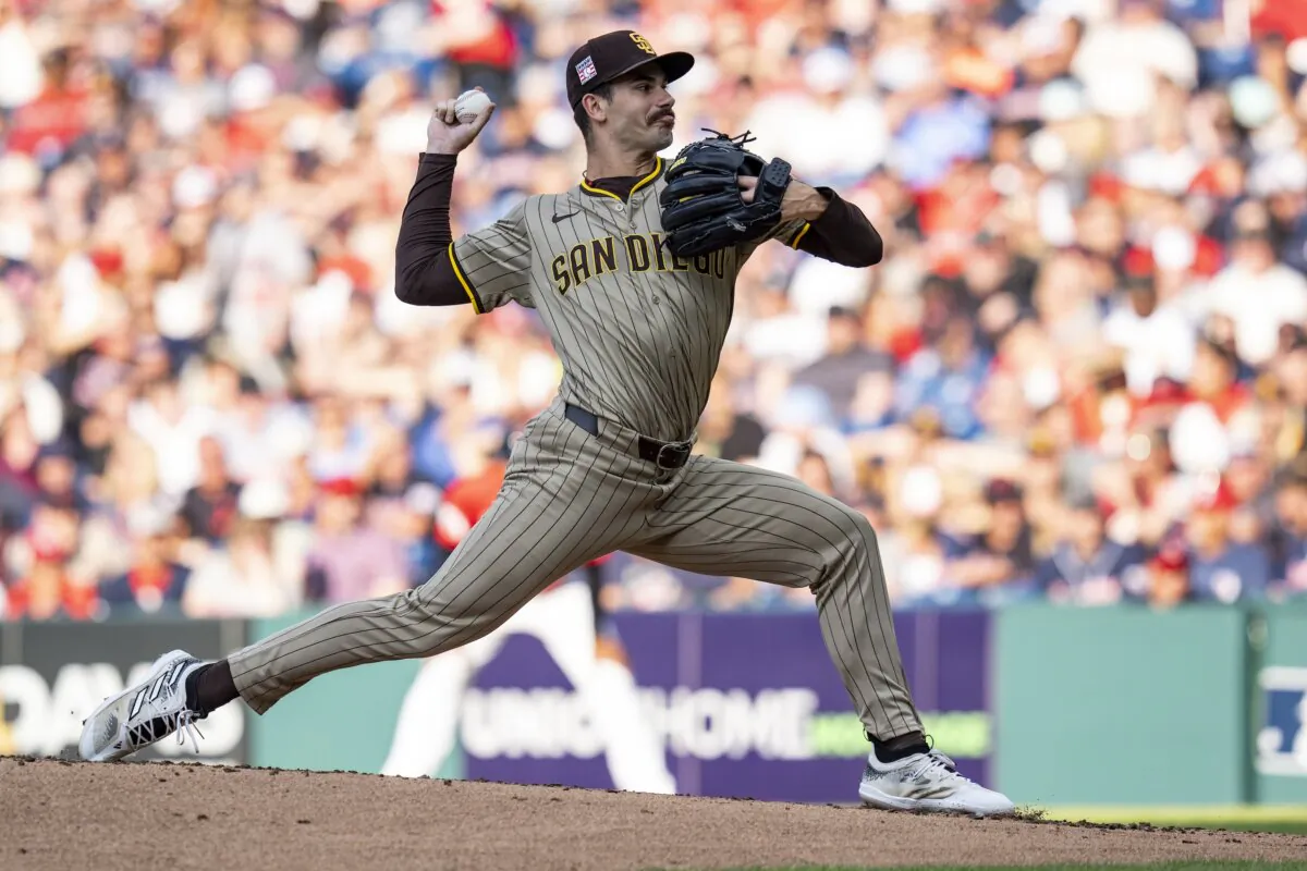 Dylan Cease (84) of the San Diego Padres pitches to Steven Kwan (38) of the Cleveland Guardians during the first inning of the game in Cleveland on July 20, 2024. (Lauren Leigh Bacho/Getty Images)