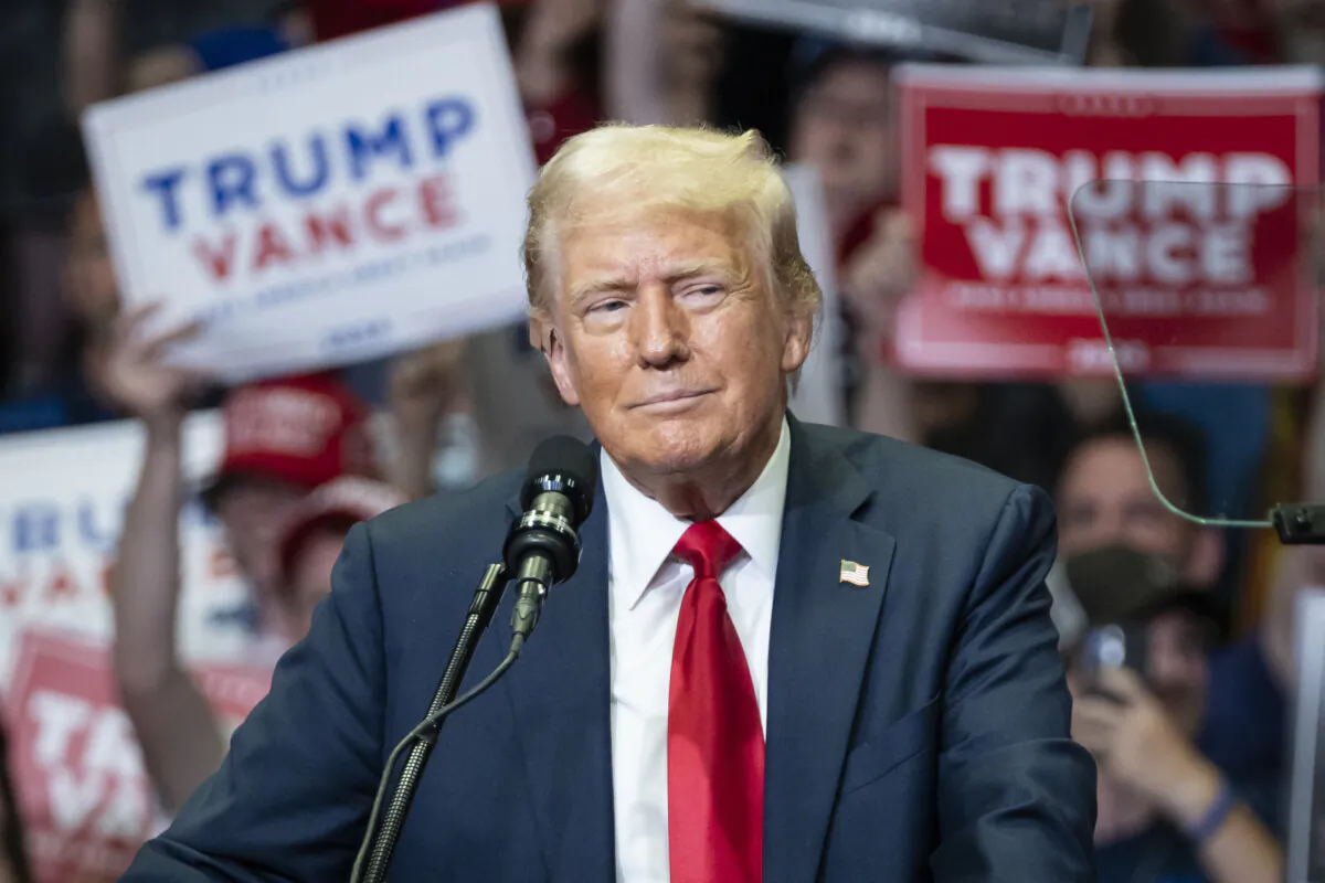 Former President Donald J. Trump speaks at Van Andel Arena in Grand Rapids, Mich., on July 20, 2024. (Madalina Vasiliu/The Epoch Times)