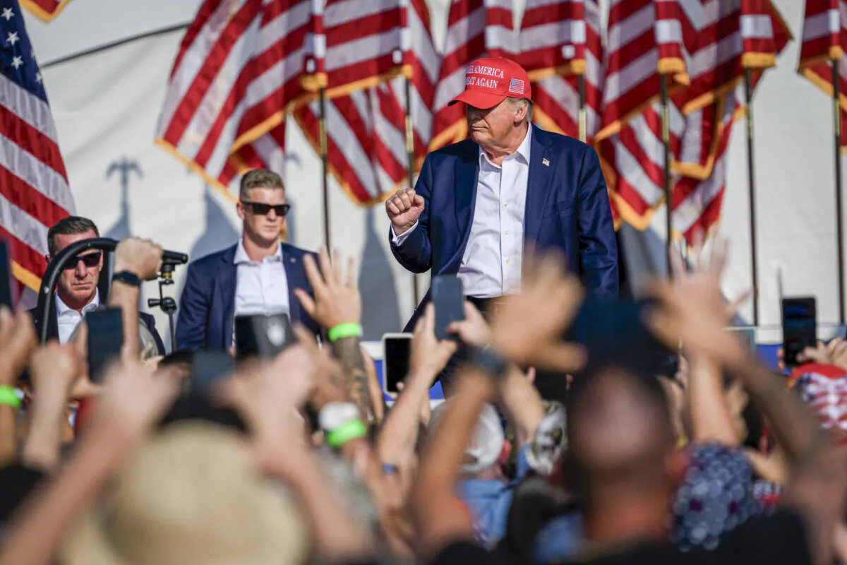Republican presidential candidate and former President Donald Trump arrives for a campaign rally at Butler Farm Show Inc. in Butler, Penn., on July 13, 2024. (Jeff Swensen/Getty Images)
