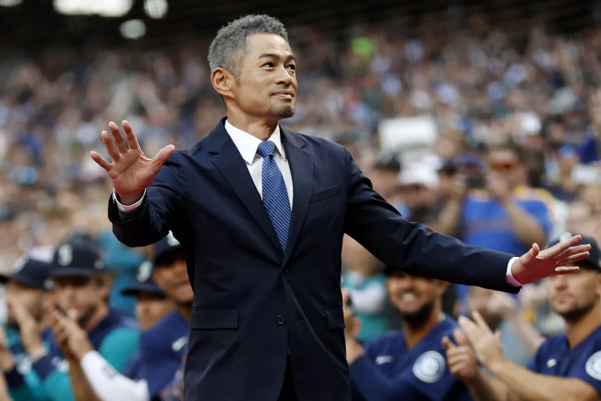 Former Seattle Mariner Ichiro Suzuki acknowledges fans during the Mariners Hall of Fame pregame ceremony prior to the game between the Cleveland Guardians and the Seattle Mariners at T-Mobile Park in Seattle, Washington., on August 27, 2022. (Steph Chambers/Getty Images)