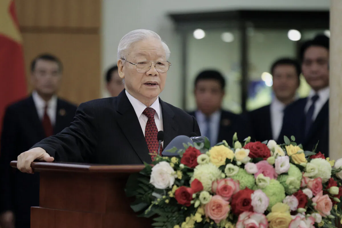 Vietnam's Communist Party general secretary, Nguyen Phu Trong, speaks to reporters after a meeting with President Joe Biden at the Communist Party of Vietnam headquarters in Hanoi, Vietnam, on Sept. 10, 2023. (Luong Thai Linh/Pool/AFP via Getty Images)
