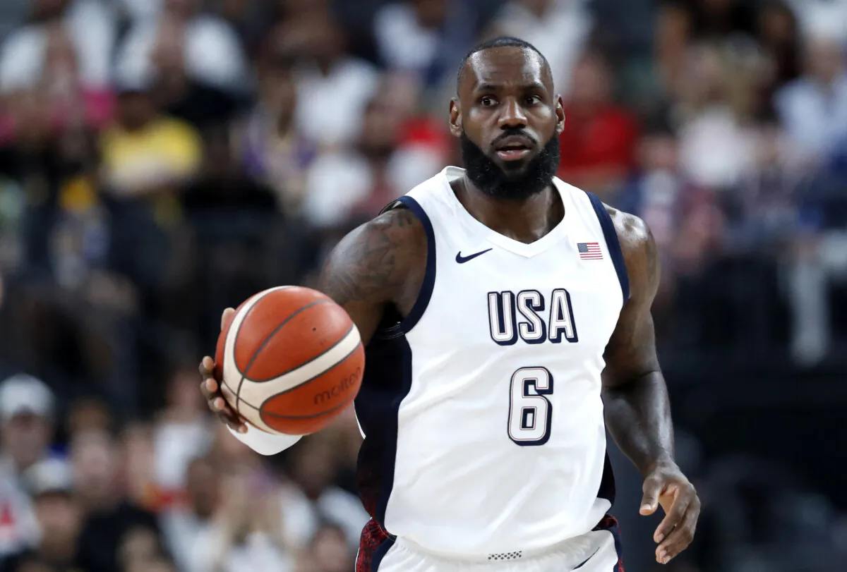 Team USA forward LeBron James (6) takes the ball up-court during the first half of an exhibition basketball game against Canada in Las Vegas on July 10, 2024. (Steve Marcus/AP Photo)