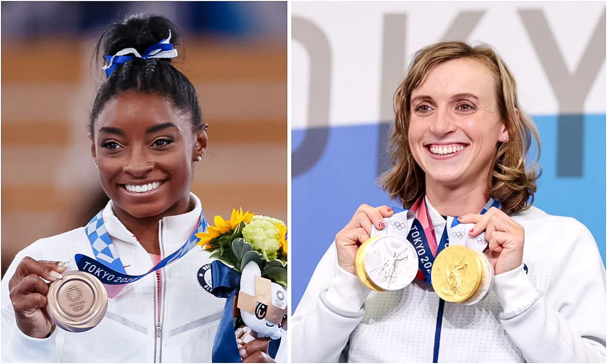 (L)Simone Biles of Team USA poses with the bronze medal during the Women's Balance Beam Final medal ceremony on day eleven of the Tokyo 2020 Olympic Games at Ariake Gymnastics Centre on August 03, 2021. (R)Katie Ledecky of Team USA poses with her two Gold and two Silver medals after a giving a press conference to the media during the Tokyo Olympic Games on July 31, 2021. (Laurence Griffiths, Jamie Squire/Getty Images)
Ross Kelly
By