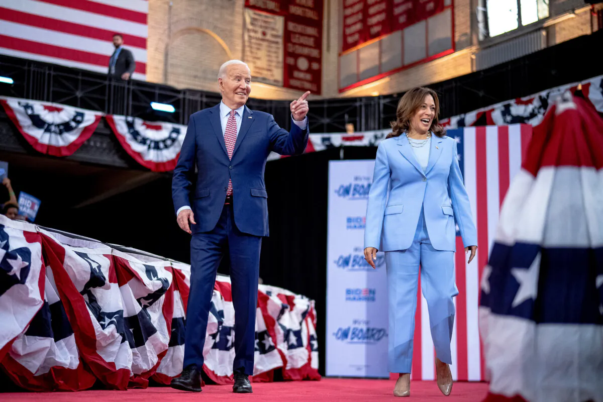 President Joe Biden and Vice President Kamala Harris take the stage at a campaign rally at Girard College in Philadelphia, Pa., on May 29, 2024. (Andrew Harnik/Getty Images)