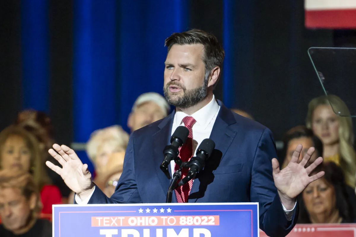 Sen. JD Vance (R-Ohio) speaks at his first rally since being nominated as vice president for former President Donald Trump in Middletown, Ohio, on July 22, 2024. (Madalina Vasiliu/The Epoch Times)
