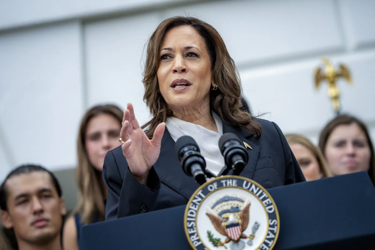 Vice President Kamala Harris speaks during an NCAA championship teams celebration on the South Lawn of the White House in Washington, on July 22, 2024. (Andrew Harnik/Getty Images)