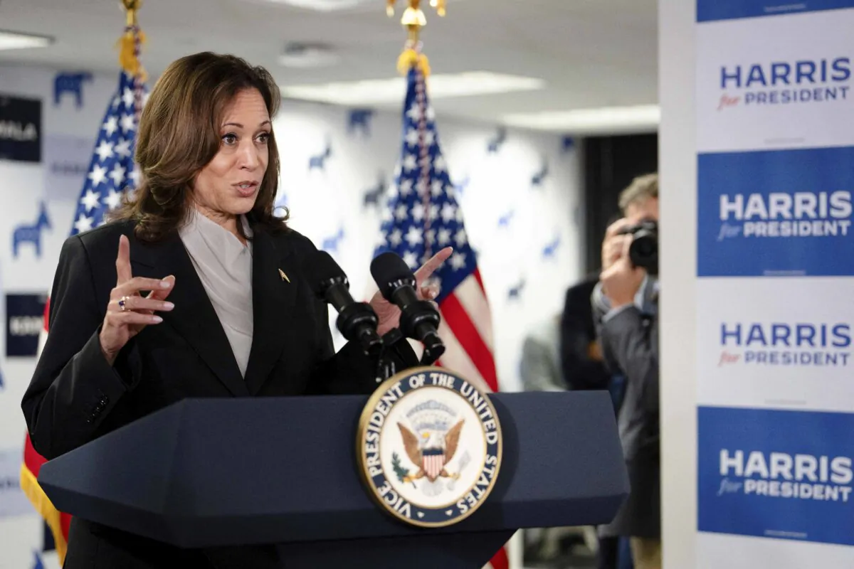 Vice President and Democratic presidential candidate Kamala Harris speaks at her campaign headquarters in Wilmington, Del., on July 22, 2024. (Erin Schaff/POOL/AFP via Getty Images)