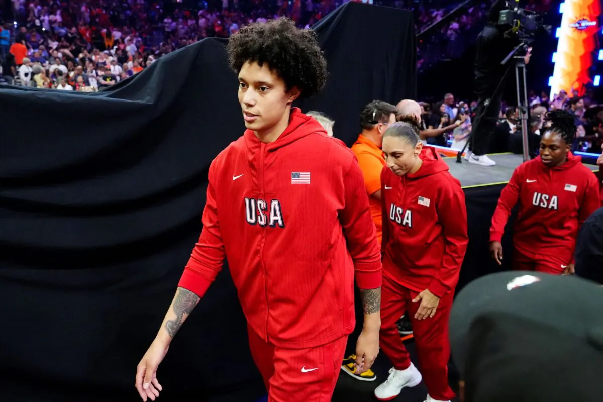 Brittney Griner (L), Diana Taurasi, and Chelsea Gray of Team USA walk on the court before the WNBA All-Star Game in Phoenix on July 20, 2024. (Ross D. Franklin/AP Photo)