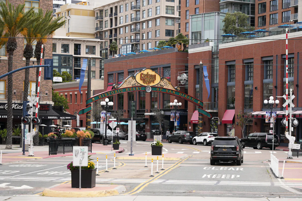 Restaurants-filled Gaslamp Quarter in downtown San Diego, California, on April 23, 2024. (Jane Yang/The Epoch Times)