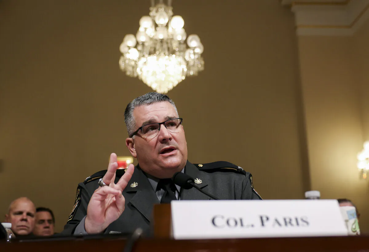 Col. Christopher L. Paris, Commissioner of the Pennsylvania State Police, testifies before the House Committee on Homeland Security during a hearing at the Canon House Office Building in Washington, on July 23, 2024. (Justin Sullivan/Getty Images)