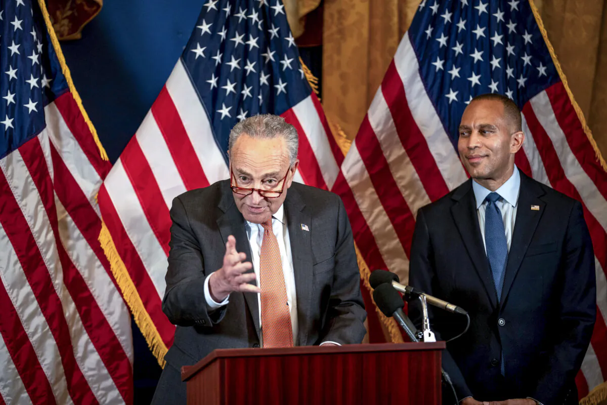 Senate Majority Leader Chuck Schumer (D-N.Y.) speaks as House Minority Leader Hakeem Jeffries (D-N.Y.) looks on, at a news conference at the Democratic Senatorial Campaign Committee on Capitol Hill in Washington on July 23, 2024. (Kent Nishimura/Getty Images)