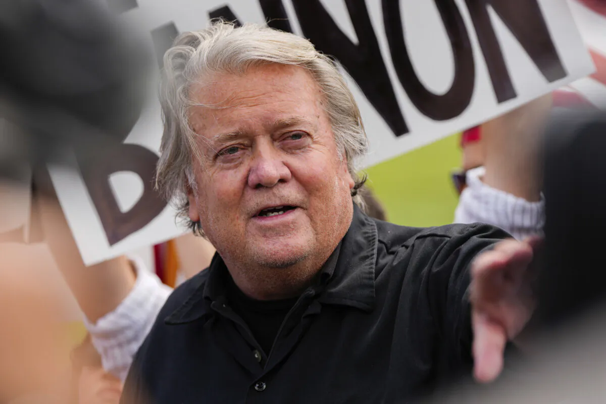 Steve Bannon speaks outside Danbury Federal Correctional Institution in Danbury, Conn., on July 1, 2024. (Julia Nikhinson/AP Photo)