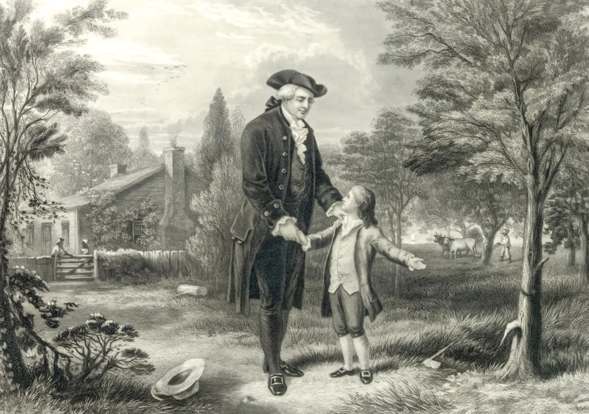 Engraving titled "Father, I Can Not Tell a Lie: I Cut the Tree" by John C. McRae, depicting a 6-year-old George Washington confessing to his father that it was indeed he who had damaged the cherry tree. (Everett Collection/Shutterstock) 