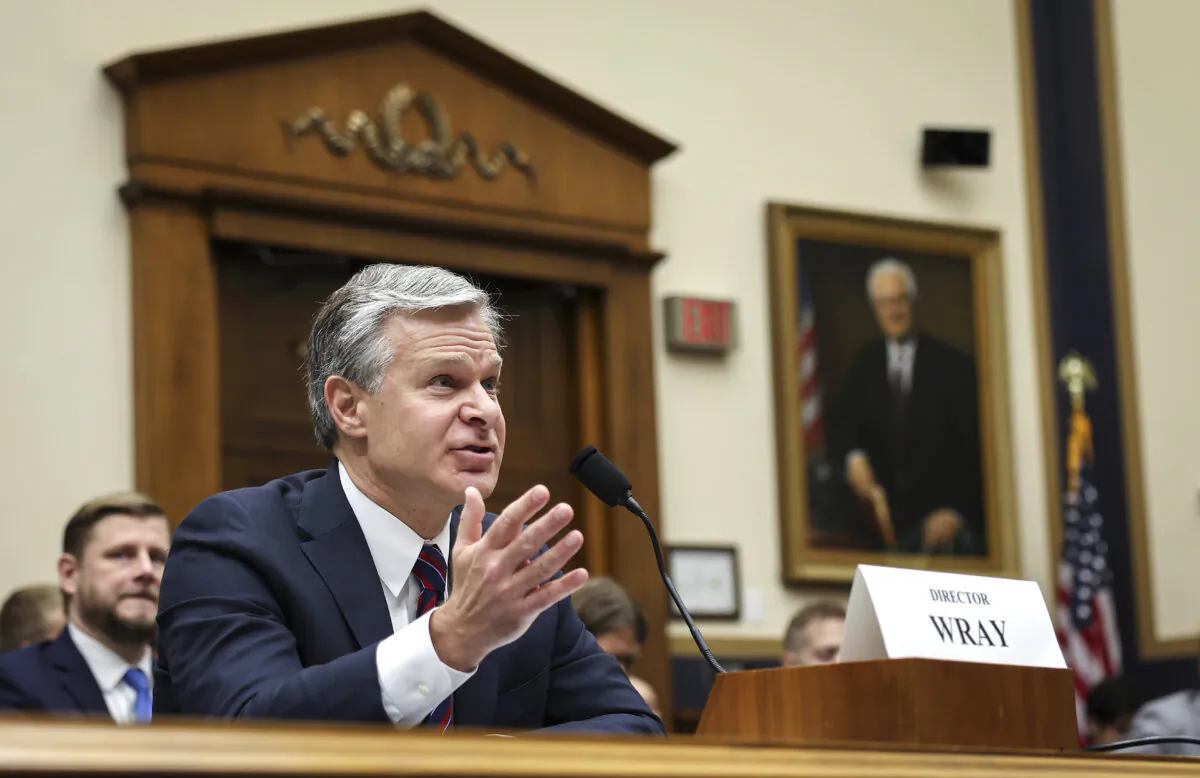 FBI Director Christopher Wray testifies before the House Judiciary Committee at the Capitol on July 24, 2024. (Justin Sullivan/Getty Images)