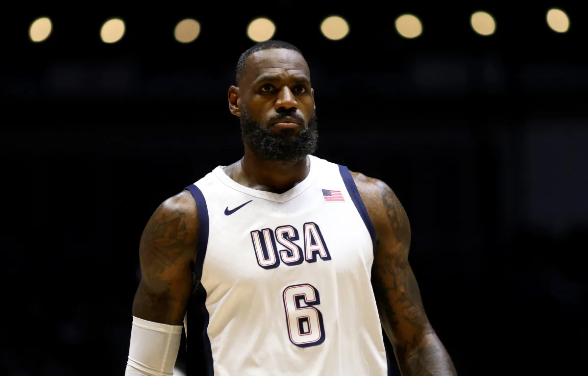 LeBron James of the United States looks on during the 2024 USA Basketball Showcase match between USA and Germany at The O2 Arena in London on July 22, 2024. (Paul Harding/Getty Images)