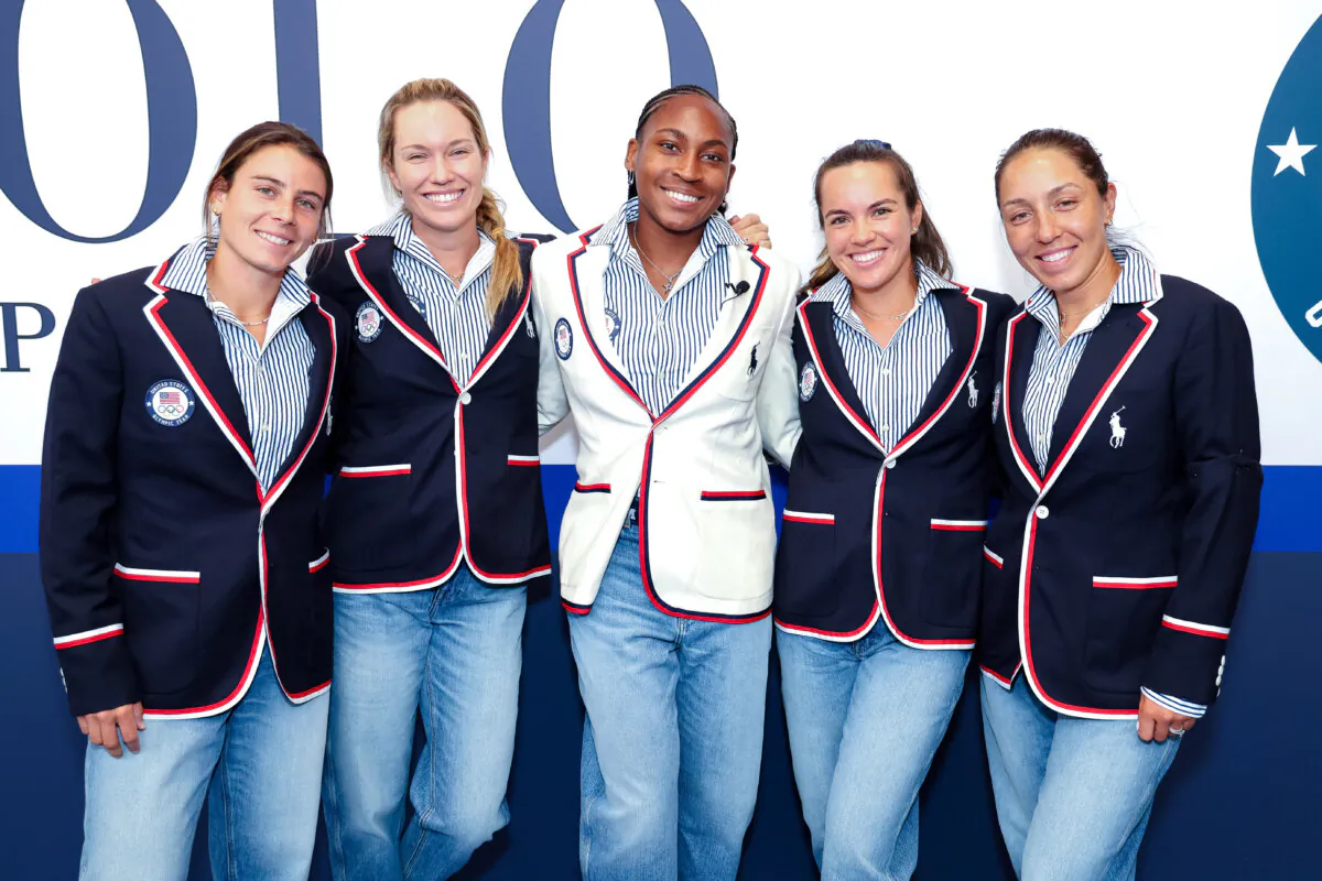 U.S. Olympians Emma Navarro, Danielle Collins, Coco Gauff, Desirae Krajczyk, and Jessica Pegula celebrate the announcement of Coco Gauff as the U.S. Flag-bearer at the Team USA Welcome Experience ahead of Paris 2024 in Paris on July 23, 2024. (Joe Scarnici/Getty Images for USOPC)