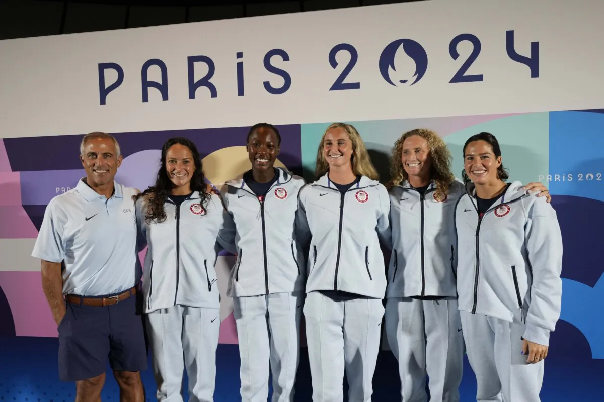 (L–R) United States' Maggie Steffens, Ashleigh Johnson, Madeline Musselman, Rachel Fatal, and Kaleigh Gilchrist pose for photographers at the end of a news conference of the women's United States team ahead of the 2024 Summer Olympics in Paris, France, on July 24, 2024. (Luca Bruno/AP Photo)