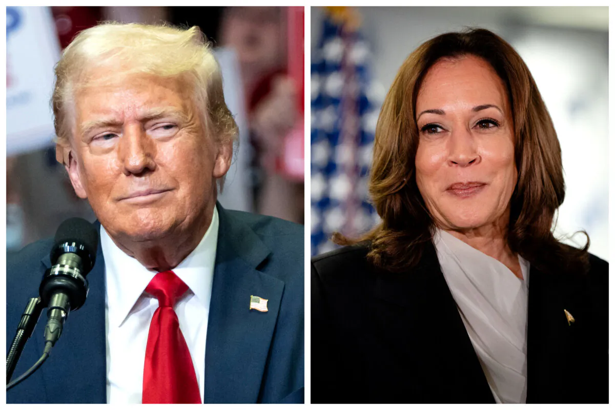 (Left) Former President Donald Trump speaks at Van Andel Arena in Grand Rapids, Mich., on July 20, 2024. (Right) Vice President Kamala Harris speaks at her campaign headquarters in Wilmington, Del., on July 22, 2024. (Madalina Vasiliu/The Epoch Times; Erin Schaff/Pool/AFP via Getty Images)