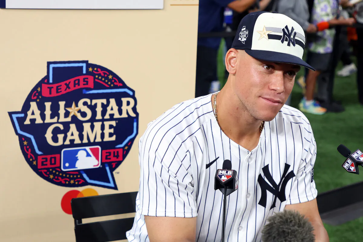 Aaron Judge #99 of the New York Yankees talks to the media during the Gatorade All-Star Workout Day at Globe Life Field in Arlington, Texas, on July 15, 2024. (Richard Rodriguez/Getty Images)