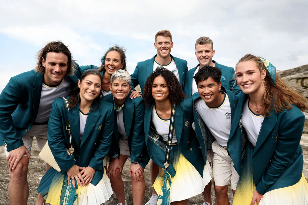 Members of the Australian Olympic team pose for media during the Australian 2024 Paris Olympic Games Official Uniform Launch at Clovelly Surf Club in Sydney, Australia, on April 17, 2024. (Matt King/Getty Images)