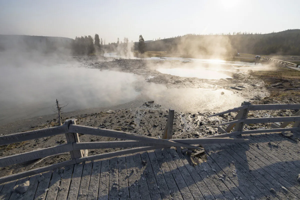 A boardwalk damaged by a hydrothermal explosion at Biscuit Basin in Yellowstone National Park, Wyo., on July 24, 2024. (Jacob W. Frank/National Park Service via AP)