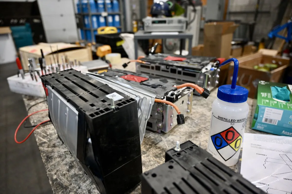 Used batteries are seen at the Lithion battery recycling plant in Montreal, Canada, on Jan. 17, 2023. (Mathiew Leiser/AFP via Getty Images)