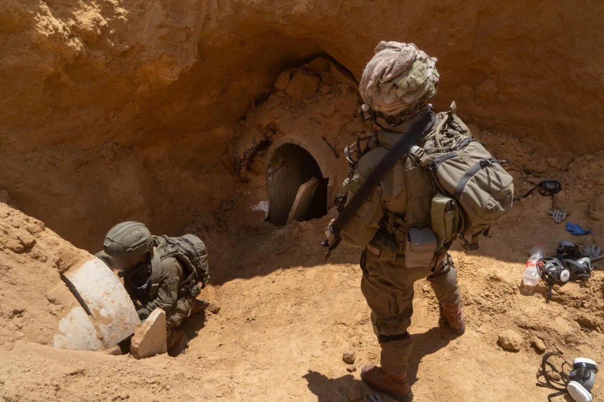 Israeli soldiers at an excavated Hamas tunnel in southern Gaza Strip’s Khan Yunis during an operation that Israel Defense Forces (IDF) said recovered five hostage bodies on July 24, 2024. (Israel Defense Forces)