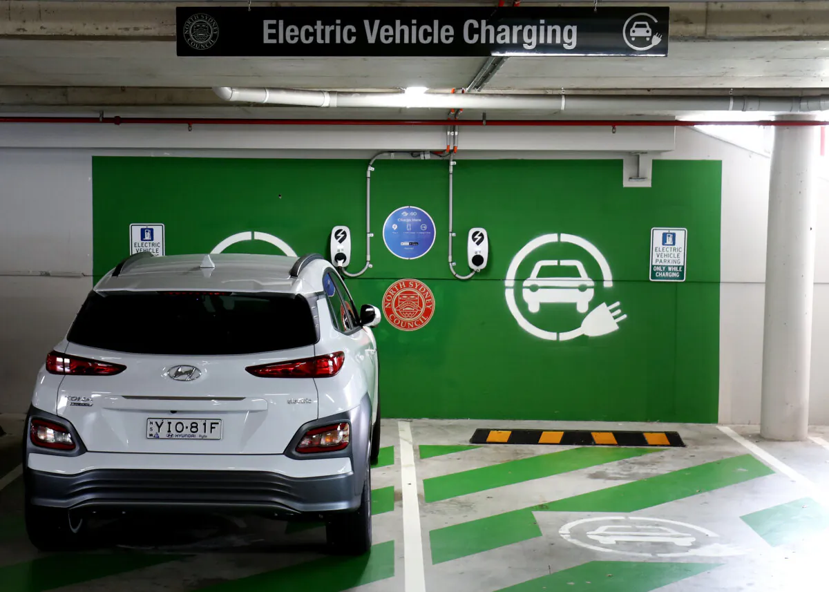 A Hyundai KONA Electric charges at a EV charge station in Sydney, Australia, on Jan. 19, 2021. (Brendon Thorne/Getty Images)