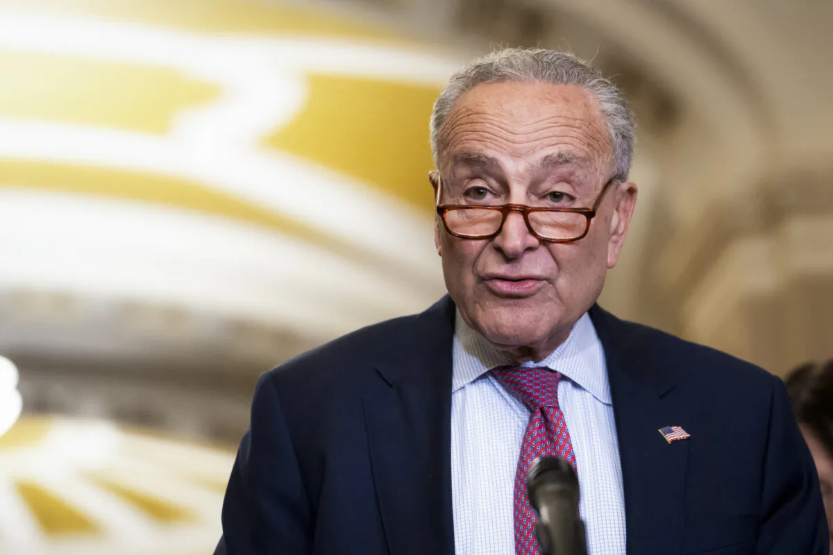 Sen. Chuck Schumer (D-N.Y.) speaks during the weekly Senate presser in the U.S. Capitol building in Washington on July 9, 2024. (Madalina Vasiliu/The Epoch Times)