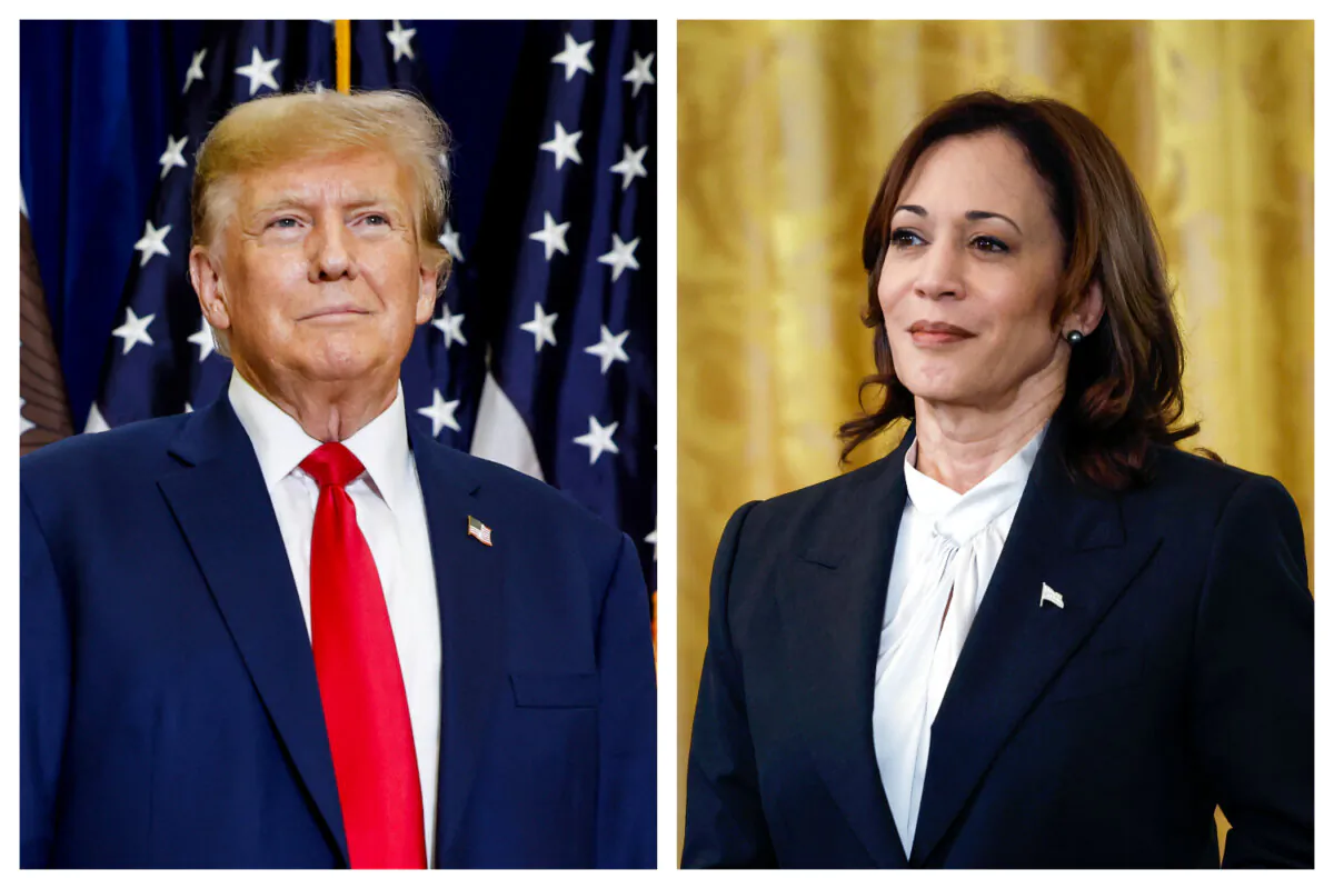 (Left) Former President Donald Trump in in Mason City, Iowa, on Jan. 05, 2024. (Right) Vice President Kamala Harris in the East Room of the White House in Washington, on March 18, 2024. (Anna Moneymaker/Getty Images)
