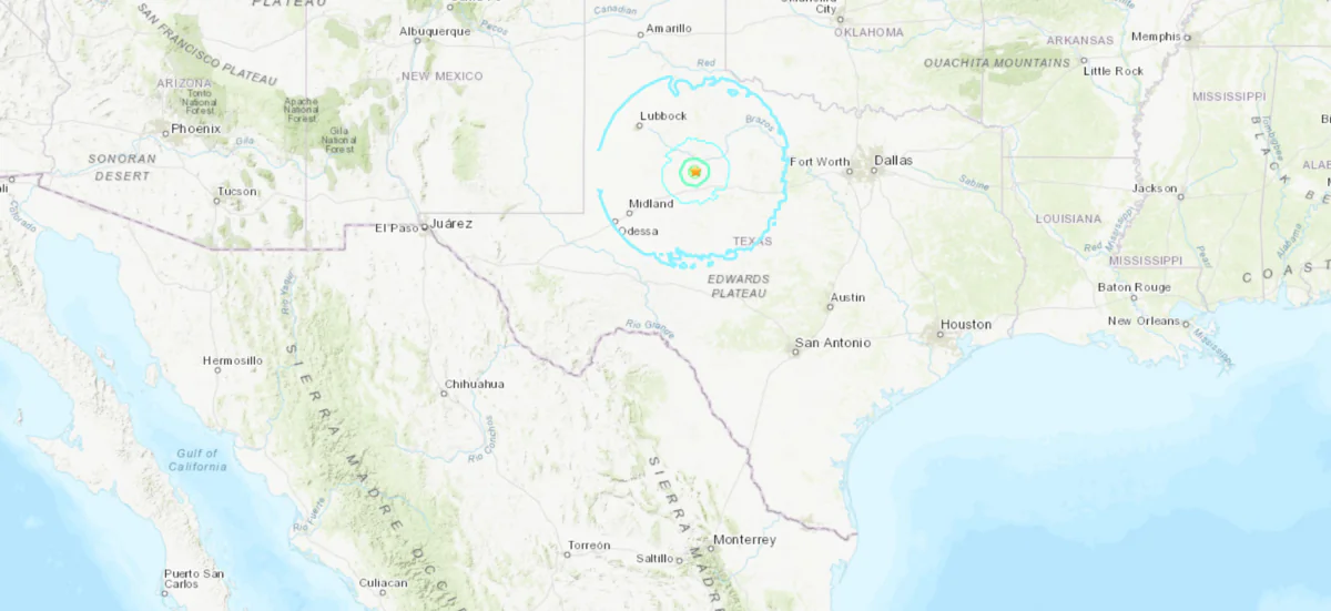 A map shows the location of an earthquake of magnitude 5.1 that struck near the central Texas town of Hermleigh at 5:28 a.m. local time on Friday, July 24, 2024. (USGS/Screenshot via The Epoch Times)
