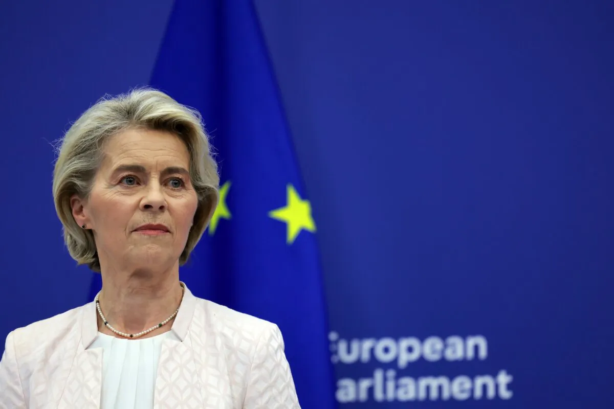 European Commission President Ursula von der Leyen addresses reporters during a  news conference in Strasbourg, France, on July 18, 2024. (Johannes Simon/Getty Images)