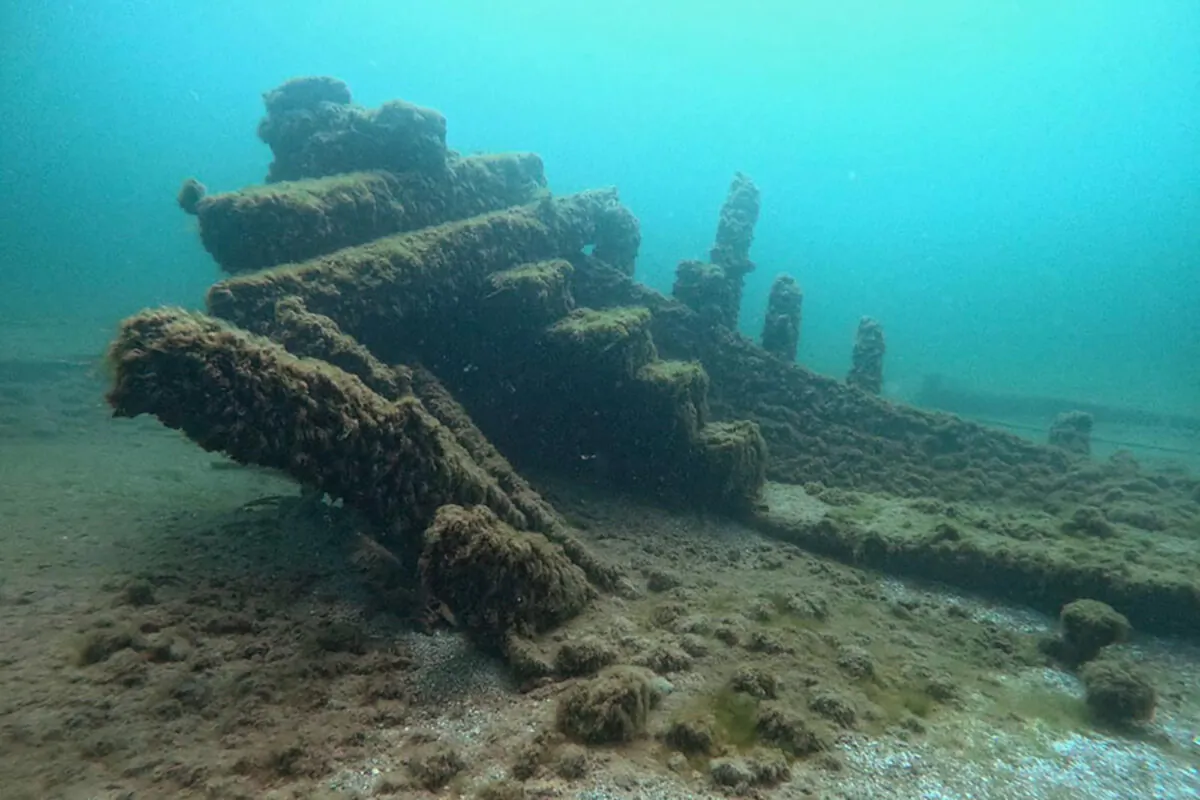The stern of the sunken schooner Margaret A. Muir sits on the bottom of Lake Michigan near Algoma, Wis., on June 2, 2024. The schooner sank during a storm in September 1893. Searchers discovered the wreckage on May 12, 2024. (Tamara Thomsen/Wisconsin Historical Society via AP)