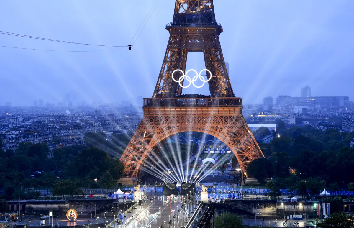 The Eiffel Tower is pictured during the opening ceremony of the Paris 2024 Olympic Games in Paris, on July 26, 2024. (Cheng Min-Pool/Getty Images)