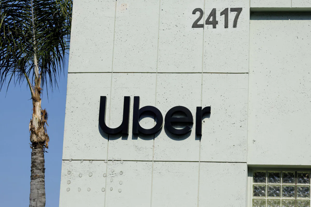 The Uber logo on the company's building in Los Angeles on Feb. 14, 2024.  (Mike Blake/Reuters)