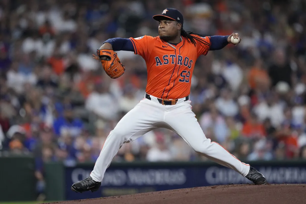 Houston Astros starting pitcher Framber Valdez delivers during the first inning of a baseball game against the Los Angeles Dodgers in Houston on July 26, 2024. (Kevin M. Cox/AP Photo)