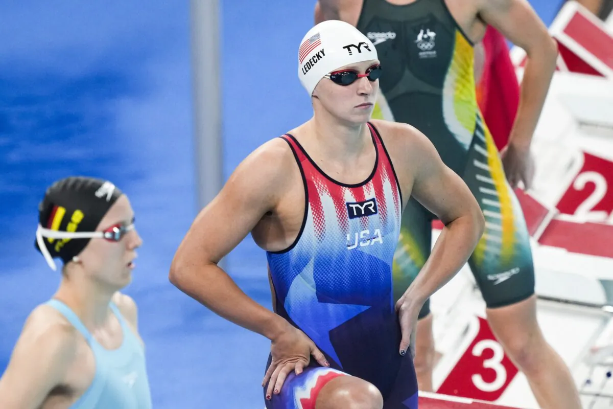 Katie Ledecky, of the United States, competes during a heat in the women's 400-meter freestyle at the 2024 Summer Olympics in Nanterre, France on July 27, 2024. (Martin Meissner/AP Photo)